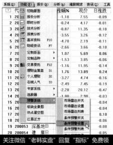 选择【功能】【预警系统】【条件预警设置】菜单项。