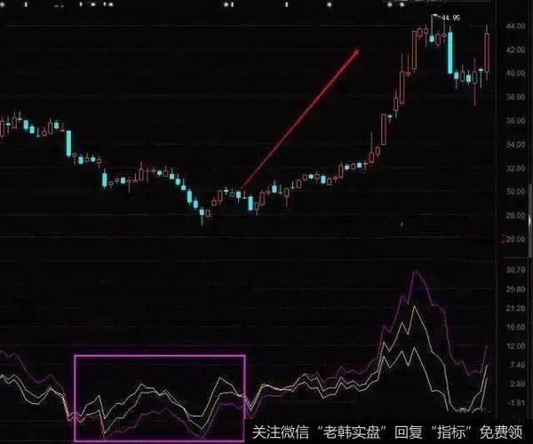 股票价格下跌至一定程度，白线、黄线、紫线会呈现出W底或者三重底或者多重底